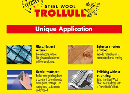 Trollull Steel Wool 200g fine 00 can be used to sand wood, clean plastic blinds and garden furniture, and polish aluminium