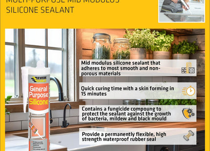 Everbuild General Purpose Silicone Sealant - Waterproof - Suitable for Interior and Exterior Use - Grey - 280ml