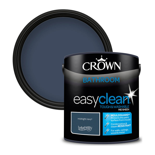 Crown Easyclean Bathroom Mid Sheen Paint Midnight Navy - Anti Mould 2.5 Litre