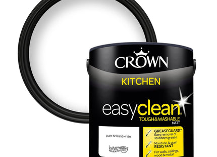 Crown Easyclean Pure Brilliant White Kitchen Paint - Matt Wall Paint 2.5 Litre