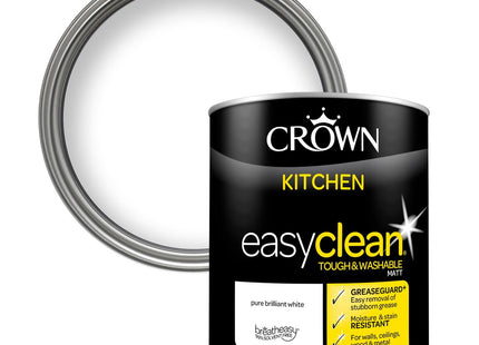 Crown Easyclean Pure Brilliant White Kitchen Paint - Matt Wall Paint 1 Litre