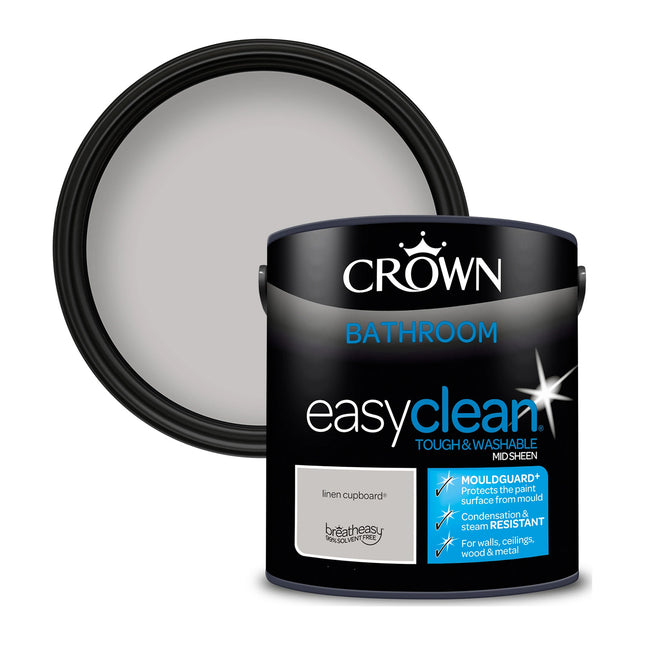 Crown Easyclean Bathroom Mid Sheen Paint Linen Cupboard - Anti Mould 2.5 Litre