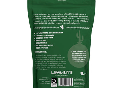 Lava-Lite Cactus Gro+ Free draining Cactus Compost & Succulent Soil Mix, houseplants.100% Natural 1 Litre