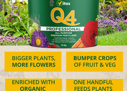 Vitax Q4 Fertiliser, Plant Food Enriched With Organic Nutrients, More Flowers, Bigger Yields, Slow Release -10kg