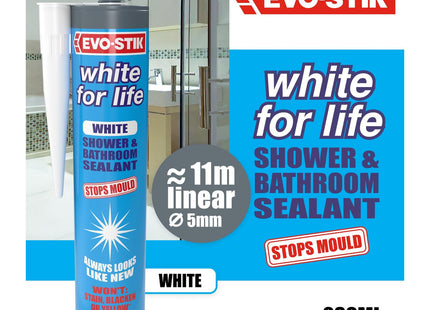 Evo-stik White for Life White - Shower & Bathroom Sealant - Stops Mould - Stays Looking New 300ml