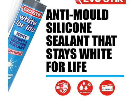 Evo-stik White for Life White - Shower & Bathroom Sealant - Stops Mould - Stays Looking New 300ml