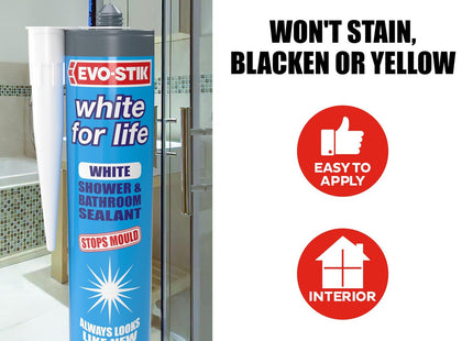Evo-stik White for Life White - Shower & Bathroom Sealant - Stops Mould - Stays Looking New 300ml