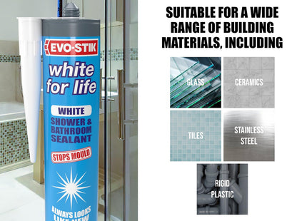 Evo-stik White for Life White - Shower & Bathroom Sealant - Stops Mould - Stays Looking New 300ml
