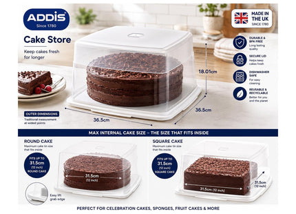 Addis Cake Store with Lid, Fits up to 31.5cm (12 Inch) Round or Square Cakes, Dishwasher Safe