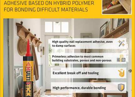 Everbuild Multi Stick - Hybrid Polymer Adhesive - Fast Curing - Waterproof - Weather And UV Resistant - Internal and External Use - White - 350ml