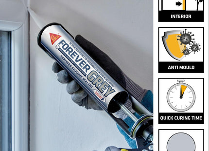 Everbuild Sika Forever Grey Anti-Mould Silicone Sealant - Permanently Waterproof - Suitable for Internal and External Use - Grey - 295ml