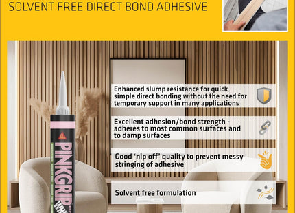 Everbuild Sika Pinkgrip Solvent Free Grab Adhesive - Overpaintable - Ideal for Interior Use - White - 380ml