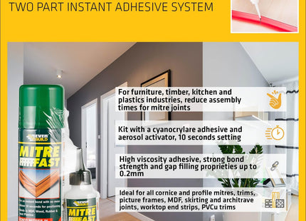 Everbuild Mitre Fast Two Part Bonding Kit - Suitable for Mitre Joints - Industrial Grade - Clear - 50g Adhesive/200ml Activator