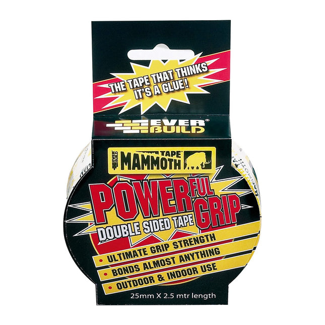 Everbuild Mammoth Powerful Grip Tape - Reinforced Double Sided Tape - Heavy Duty - Clear - 25mm x 2.5m
