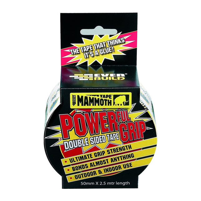 Everbuild Mammoth Powerful Grip Tape - Reinforced Double Sided Tape - Heavy Duty - Clear - 50mm x 2.5m