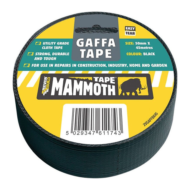 Everbuild Mammoth Easy Tear Gaffa Tape - Utility-Grade - Interior and Exterior Use - Black - 50mm x 45m