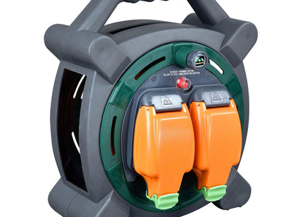 Masterplug Two Socket Retractable Weatherproof Case Reel, 20 Metre Cable, Outdoor Power 2g HLP2013