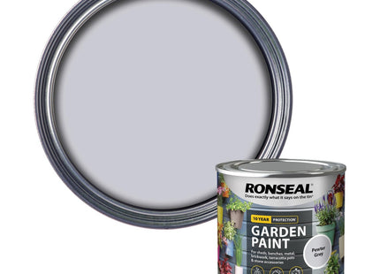Ronseal Garden Paint in pewter grey, suitable for adding colour to wood, brick, terracotta and metal surfaces in outdoor garden environments. 250ml