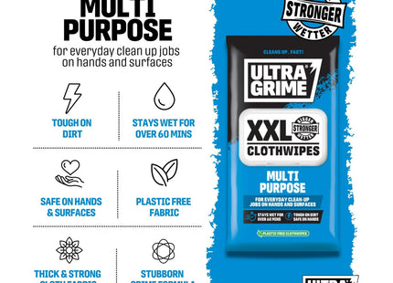 UltraGrime Multi-Purpose XXL Wet Wipes Heavy-Duty Dirt & Grime Cleaning for Home, Plastic-Free Soft Cleaning Cloths