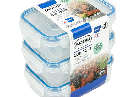 Addis Clip Tight Food Storage Containers 240ml Rectangle Pack Of 3 Airtight Containers Bpa Free Easy Locking Lid Clips, Clear Transparent