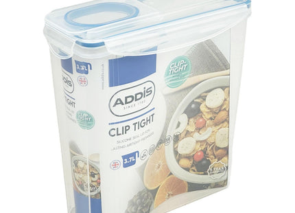 Addis Clip Tight Cereal Food Storage Container 3.7 Litre Tall Rectangle With Easy Pour Lid and Locking Clips, Airtight Bpa Free, Clear Transparent