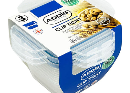 Addis Clip Tight Food Storage Containers 300ml Square Pack Of 3 Airtight Containers Bpa Free Easy Locking Lid Clips, Clear Transparent