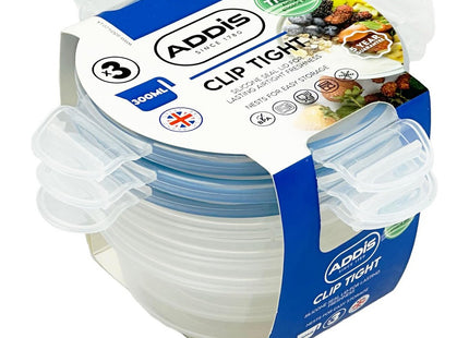 Addis Clip Tight Food Storage Containers 300ml Round Pack Of 3 Airtight Containers Bpa Free Easy Locking Lid Clips, Clear Transparent