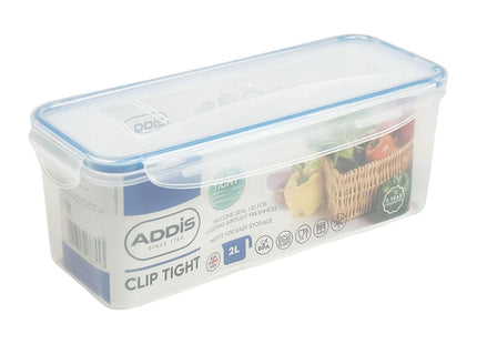 Addis Clip Tight Food Storage Container 2 Litre Narrow Rectangle Airtight Silicone Seal Containers Bpa Free Easy Locking Lid Clips, Clear Transparent