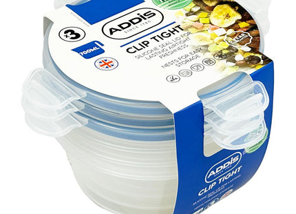 Addis Clip Tight Food Storage Containers 700ml Round Pack Of 3 Airtight Containers Bpa Free Easy Locking Lid Clips, Clear Transparent