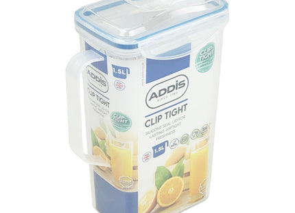 Addis Clip Tight Fridge Liquid Storage Container 1.5 Litre Jug With Handle, Easy Pour Lid and Locking Clips, Airtight Bpa Free, Clear Transparent