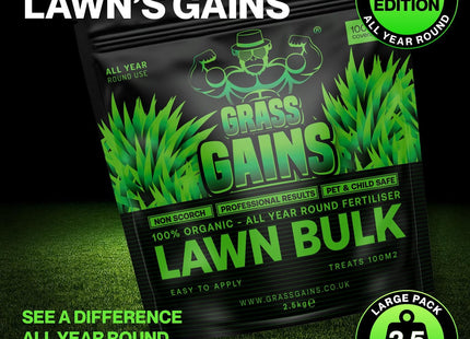 Grass Gains Organic Grass Fertiliser, Child Friendly, Covers 100m_ Black Edition 2.5kg