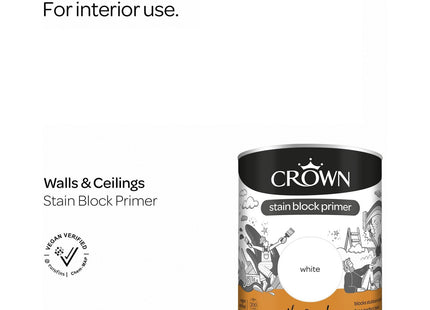 Crown Multi Surface Stain Block Primer & Undercoat, 750ml, White, Interior & Exterior