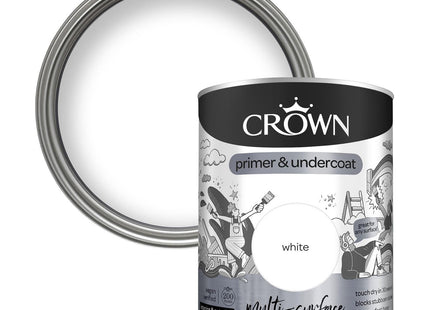 Crown White Multi-Surface Primer and Undercoat Paint 2 in 1 Quick Dry 30mins Use on Wood, uPVC, Metal, Brick 750ml