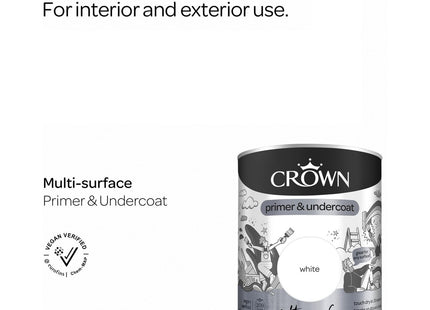 Crown White Multi-Surface Primer and Undercoat Paint 2 in 1 Quick Dry 30mins Use on Wood, uPVC, Metal, Brick 750ml