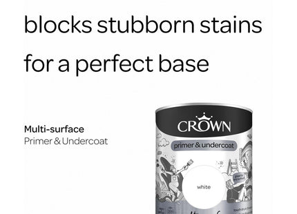 Crown White Multi-Surface Primer and Undercoat Paint 2 in 1 Quick Dry 30mins Use on Wood, uPVC, Metal, Brick 750ml