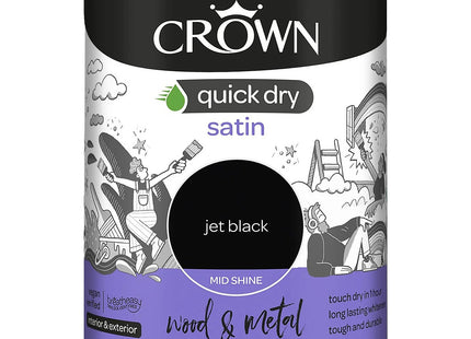 Crown Quick Dry Satin Paint Jet Black Int/Ext Wood, Metal 750ml