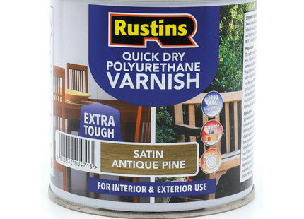 Rustins Quick Dry Poly Varnish Satin A/Pine -Tough, Water-Based Clear Finish in Gloss, Matt or Satin; Durable Protection for Interior Wood 250ml