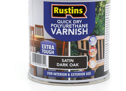 Rustins Quick Dry Poly Varnish Satin Dark Oak -Tough, Water-Based Clear Finish in Gloss, Matt or Satin; Durable Protection for Interior Wood 250ml