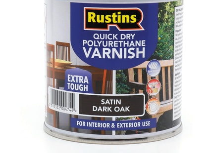 Rustins Quick Dry Poly Varnish Satin Dark Oak -Tough, Water-Based Clear Finish in Gloss, Matt or Satin; Durable Protection for Interior Wood 250ml