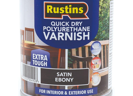 Rustins Quick Dry Poly Varnish Satin Ebony -Tough, Water-Based Clear Finish in Gloss, Matt or Satin; Durable Protection for Interior Wood 250ml