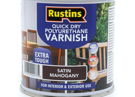 Rustins Quick Dry Poly Varnish Satin Mahogany -Tough, Water-Based Clear Finish in Gloss, Matt or Satin; Durable Protection for Interior Wood 250ml