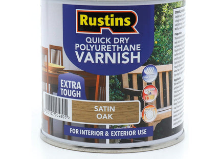 Rustins Quick Dry Poly Varnish Satin Oak -Tough, Water-Based Clear Finish in Gloss, Matt or Satin; Durable Protection for Interior Wood 250ml