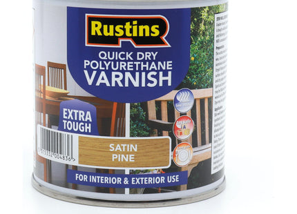 Rustins Quick Dry Poly Varnish Satin Pine -Tough, Water-Based Clear Finish in Gloss, Matt or Satin; Durable Protection for Interior Wood 250ml