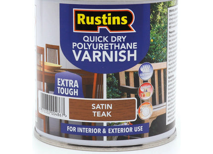 Rustins Quick Dry Poly Varnish Satin Teak -Tough, Water-Based Clear Finish in Gloss, Matt or Satin; Durable Protection for Interior Wood 250ml