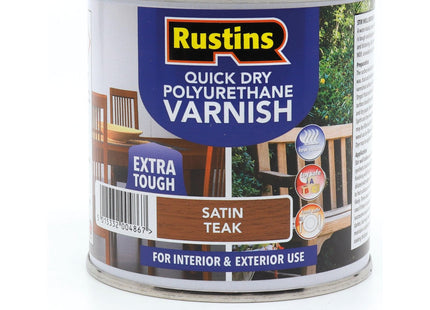 Rustins Quick Dry Poly Varnish Satin Teak -Tough, Water-Based Clear Finish in Gloss, Matt or Satin; Durable Protection for Interior Wood 250ml