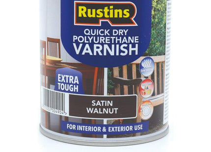Rustins Quick Dry Poly Varnish Satin Walnut -Tough, Water-Based Clear Finish in Gloss, Matt or Satin; Durable Protection for Interior Wood 250ml