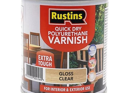Rustins Quick Dry Poly Varnish Gloss Clear -Tough, Water-Based Clear Finish in Gloss, Matt or Satin; Durable Protection for Interior Wood 500ml