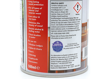 Rustins Quick Dry Poly Varnish Gloss Clear -Tough, Water-Based Clear Finish in Gloss, Matt or Satin; Durable Protection for Interior Wood 500ml