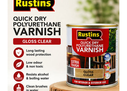 Rustins Quick Dry Poly Varnish Gloss Clear -Tough, Water-Based Clear Finish in Gloss, Matt or Satin; Durable Protection for Interior Wood 500ml