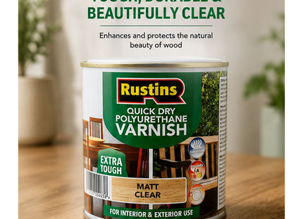 Rustins Quick Dry Poly Varnish Matt Clear -Tough, Water-Based Clear Finish in Gloss, Matt or Satin; Durable Protection for Interior Wood 500ml